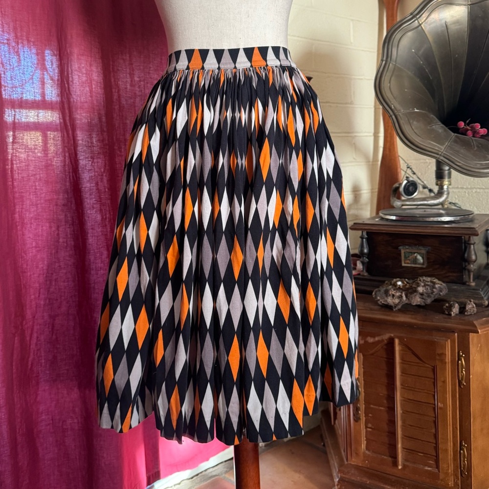 Pinup Couture Orange Silver Black Harlequin Print Gathered Jenny Skirt